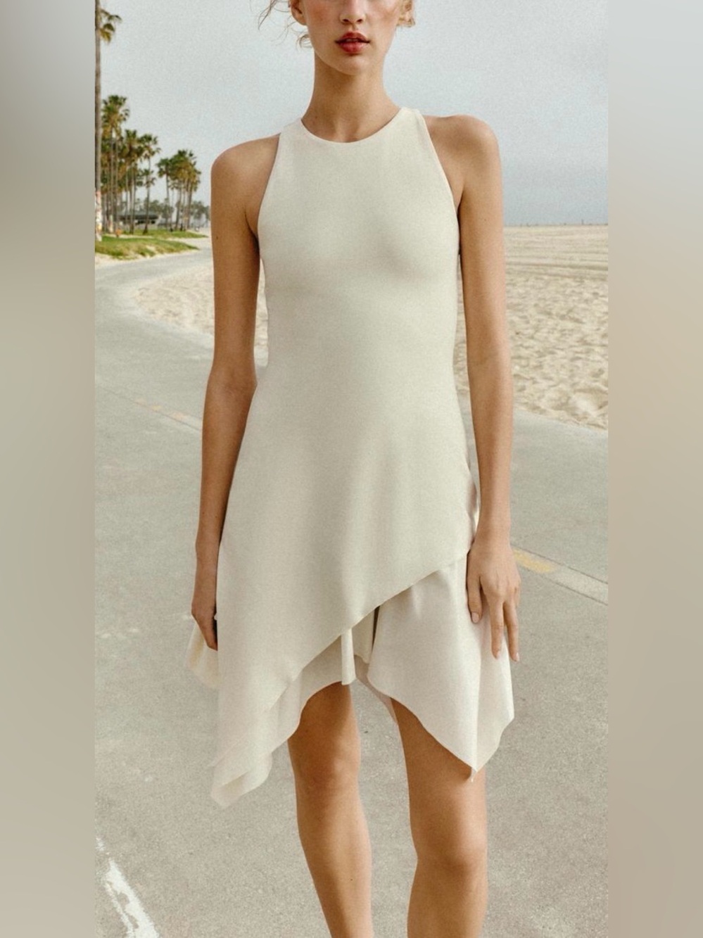 Zara Cream Midi Dress with Asymmetrical Hem